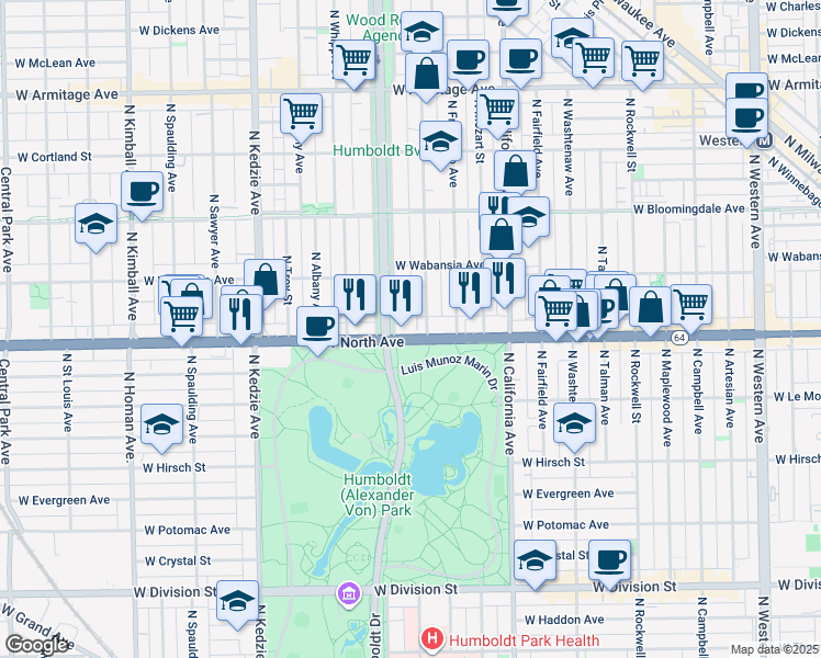 map of restaurants, bars, coffee shops, grocery stores, and more near 2932B West North Avenue in Chicago