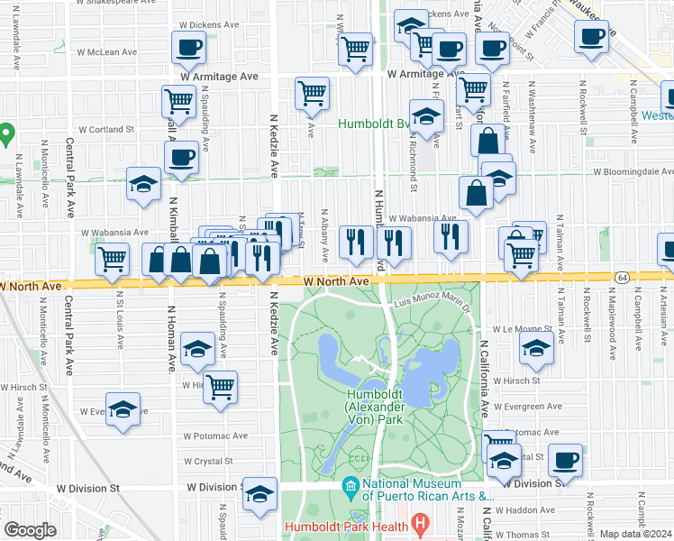 map of restaurants, bars, coffee shops, grocery stores, and more near 1606 North Whipple Street in Chicago