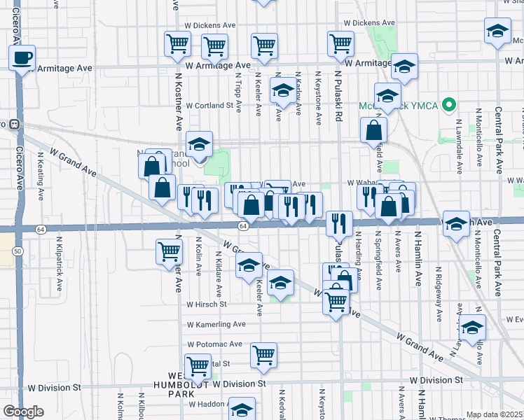 map of restaurants, bars, coffee shops, grocery stores, and more near 4144 Illinois 64 in Chicago