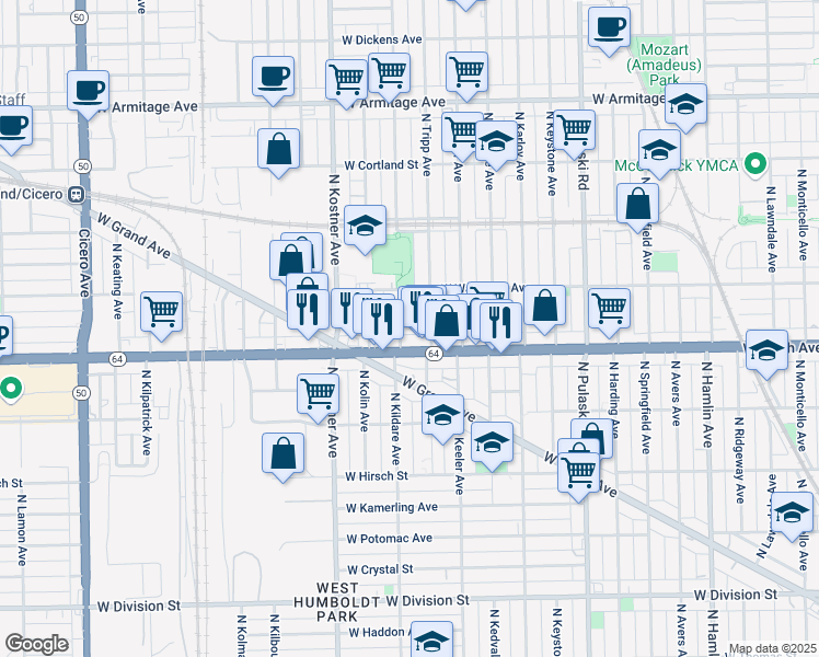 map of restaurants, bars, coffee shops, grocery stores, and more near 4254 West North Avenue in Chicago