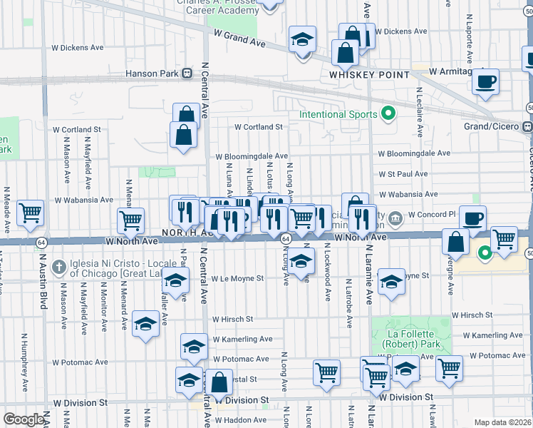 map of restaurants, bars, coffee shops, grocery stores, and more near 5419 West North Avenue in Chicago