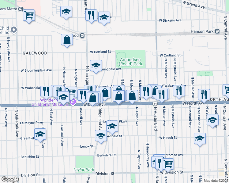 map of restaurants, bars, coffee shops, grocery stores, and more near 1625 North Merrimac Avenue in Chicago