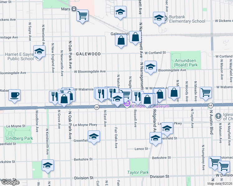 map of restaurants, bars, coffee shops, grocery stores, and more near 1624 North Natchez Avenue in Chicago