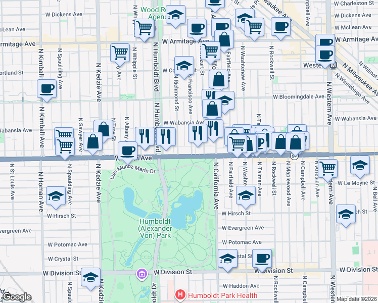 map of restaurants, bars, coffee shops, grocery stores, and more near in Chicago