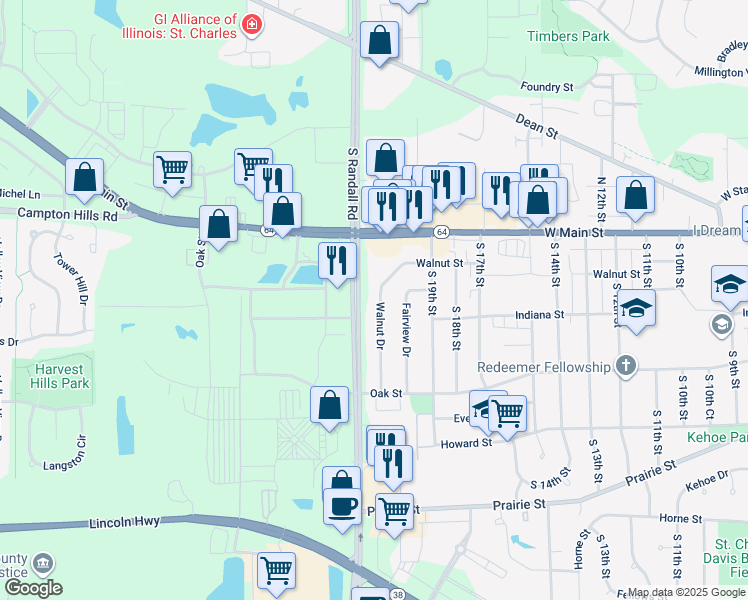 map of restaurants, bars, coffee shops, grocery stores, and more near 145 Walnut Drive in St. Charles