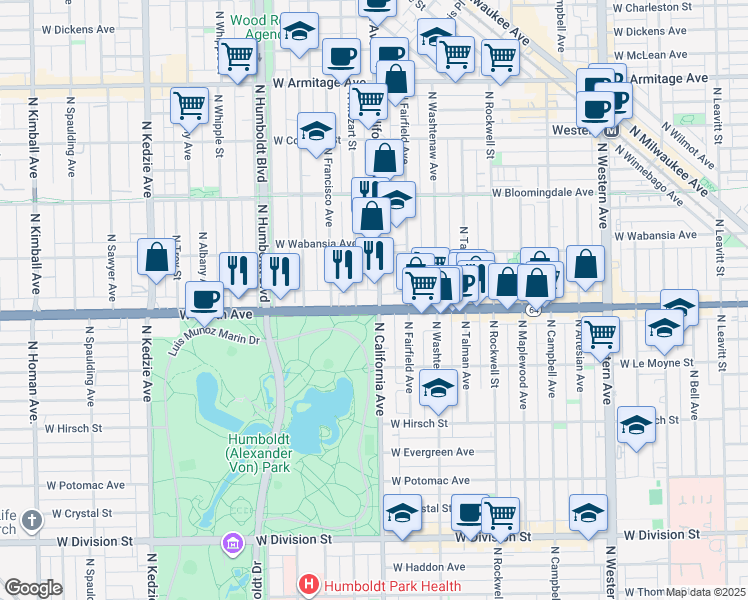 map of restaurants, bars, coffee shops, grocery stores, and more near in Chicago