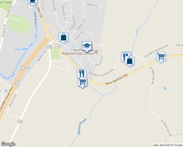map of restaurants, bars, coffee shops, grocery stores, and more near 203 Old New Hartford Road in Winchester