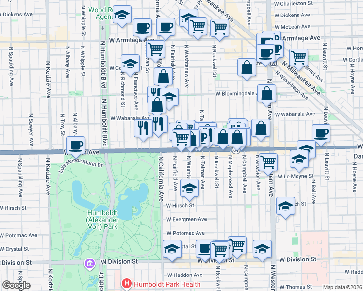 map of restaurants, bars, coffee shops, grocery stores, and more near 2641 West North Avenue in Chicago