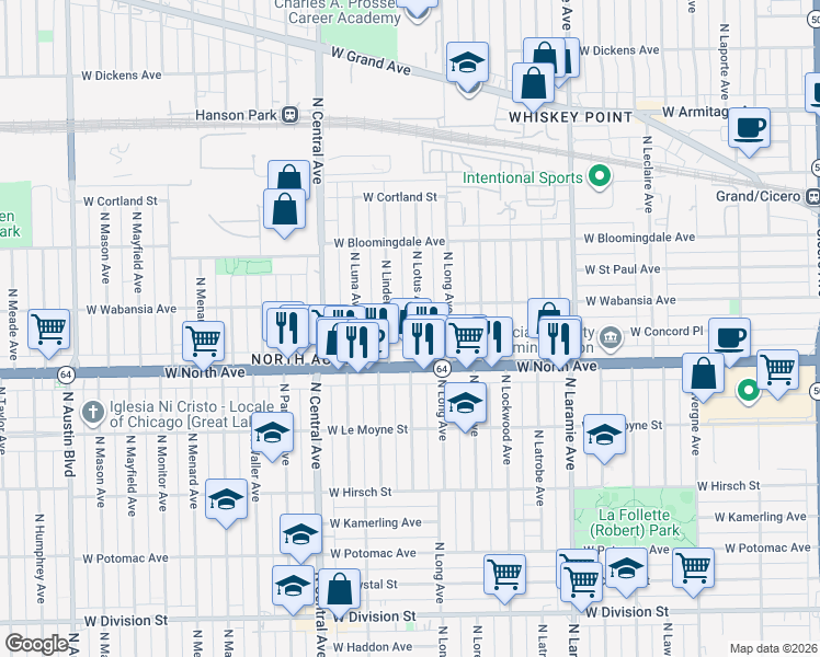 map of restaurants, bars, coffee shops, grocery stores, and more near 5419 West North Avenue in Chicago