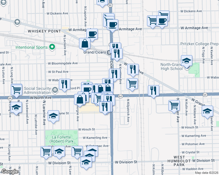map of restaurants, bars, coffee shops, grocery stores, and more near 4828 West North Avenue in Chicago