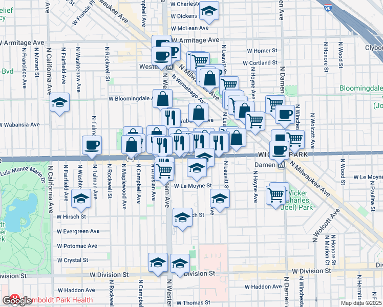 map of restaurants, bars, coffee shops, grocery stores, and more near 2325 West North Avenue in Chicago