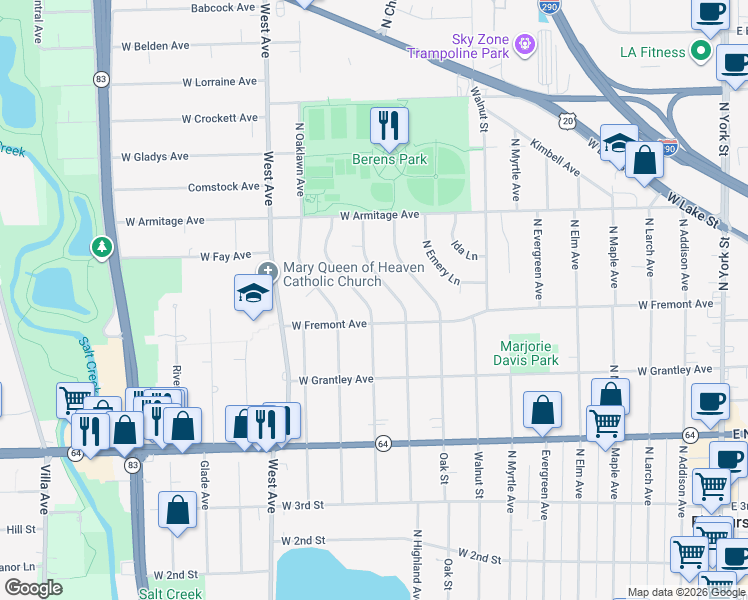 map of restaurants, bars, coffee shops, grocery stores, and more near 431 West Fremont Avenue in Elmhurst