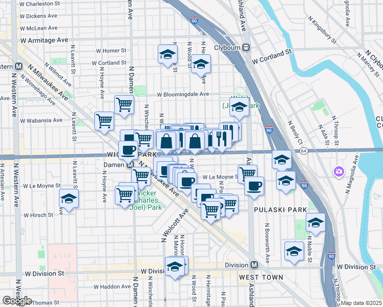 map of restaurants, bars, coffee shops, grocery stores, and more near West North Avenue & North Wood Street in Chicago