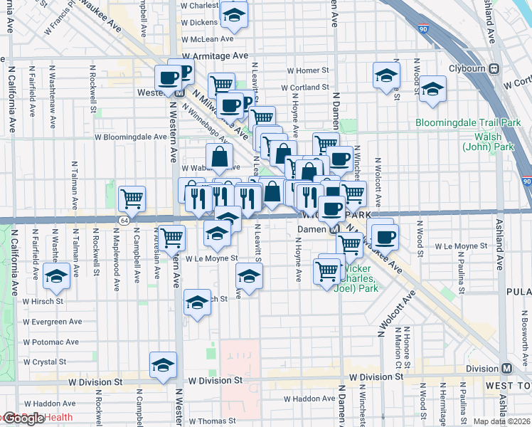 map of restaurants, bars, coffee shops, grocery stores, and more near 1548 North Leavitt Street in Chicago