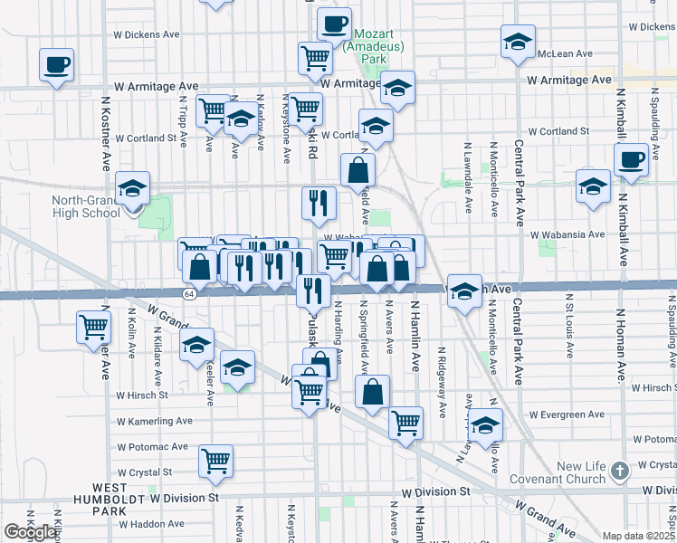 map of restaurants, bars, coffee shops, grocery stores, and more near 1616 North Harding Avenue in Chicago