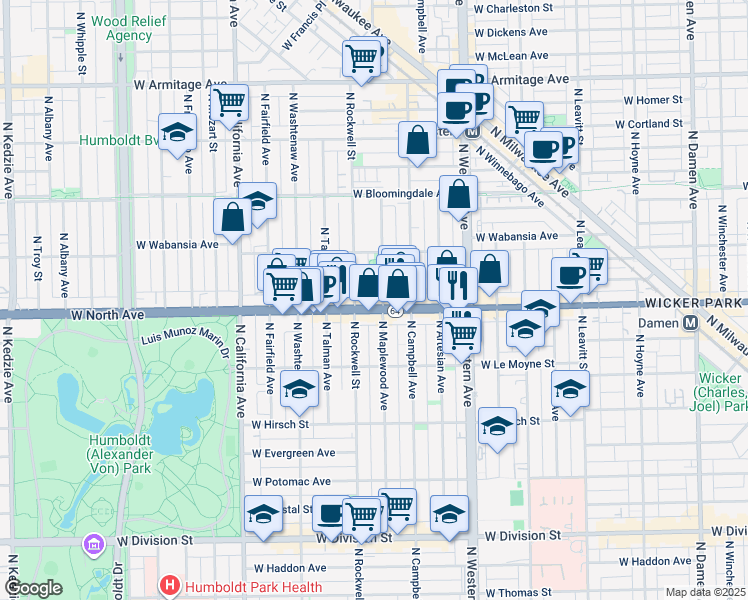 map of restaurants, bars, coffee shops, grocery stores, and more near in Chicago