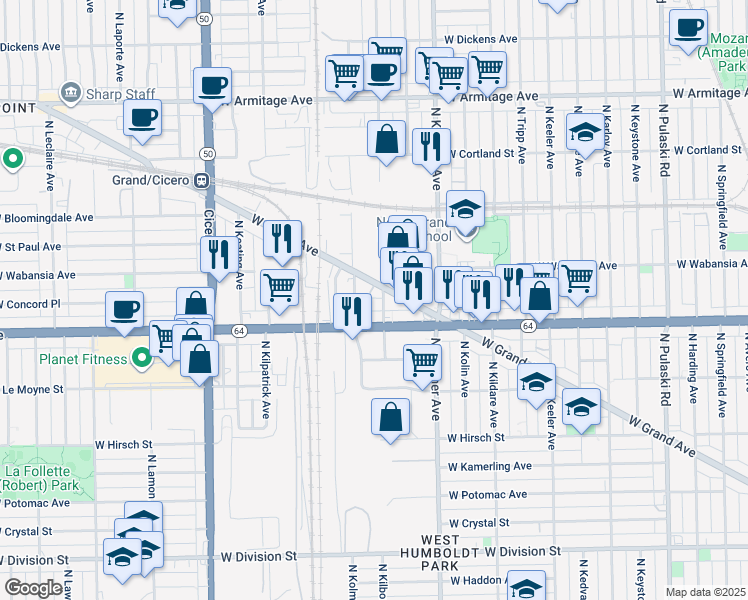 map of restaurants, bars, coffee shops, grocery stores, and more near 4520 West North Avenue in Chicago
