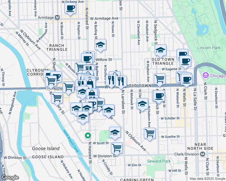map of restaurants, bars, coffee shops, grocery stores, and more near 633 West North Avenue in Chicago