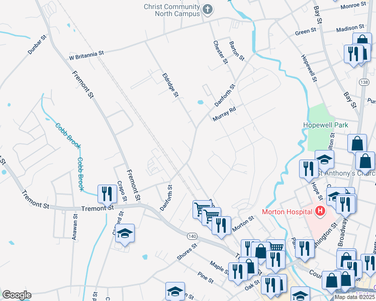 map of restaurants, bars, coffee shops, grocery stores, and more near 44 Danforth Street in Taunton