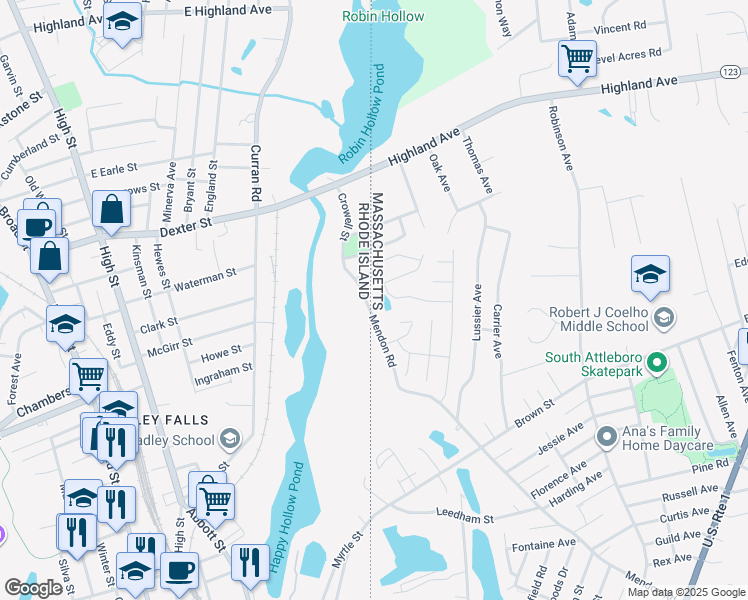 map of restaurants, bars, coffee shops, grocery stores, and more near 555 Mendon Road in Attleboro