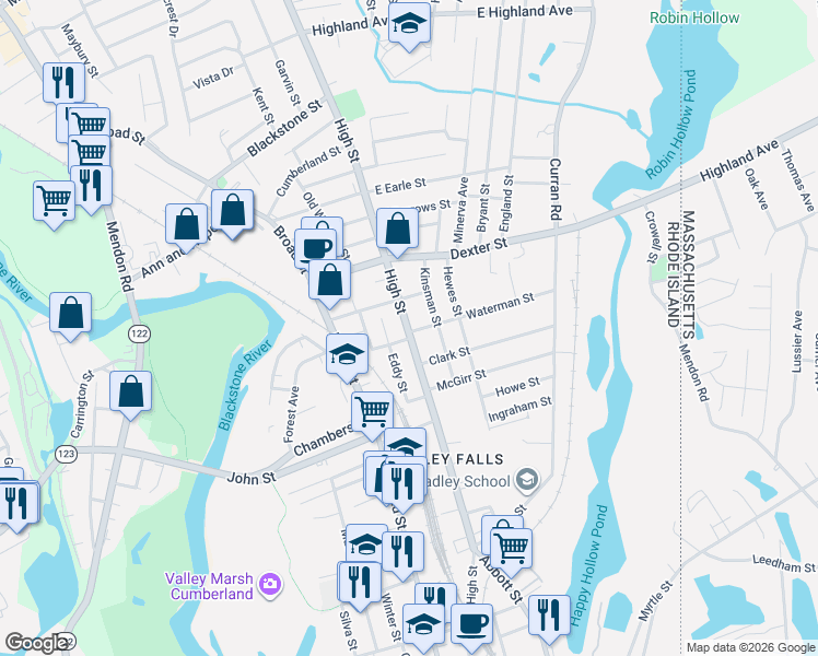 map of restaurants, bars, coffee shops, grocery stores, and more near 28 Davis Street in Cumberland