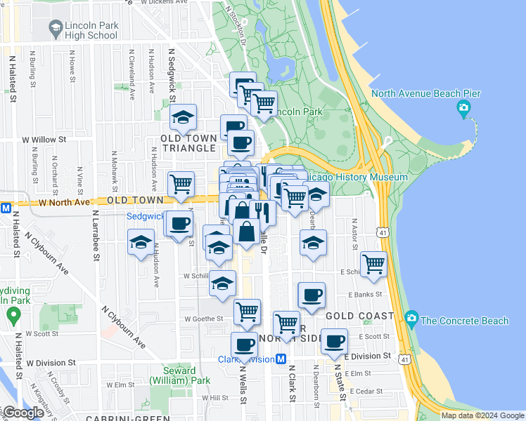 map of restaurants, bars, coffee shops, grocery stores, and more near 1546 North LaSalle Drive in Chicago