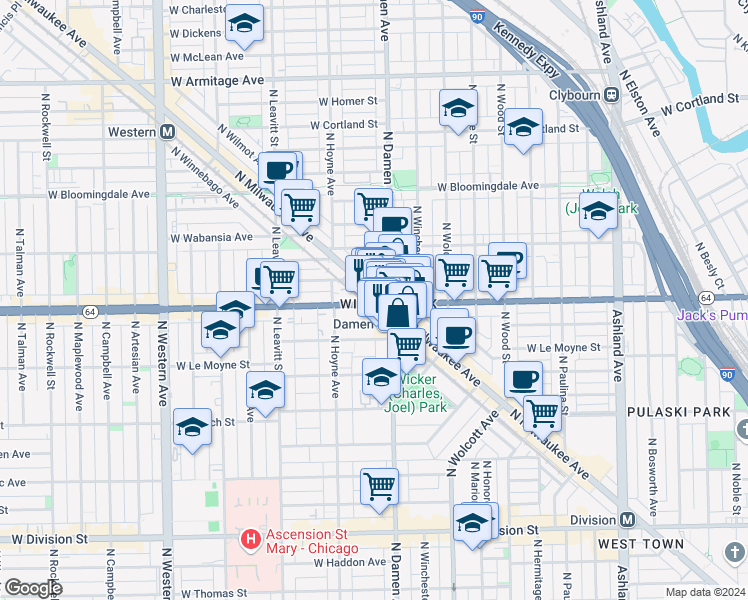 map of restaurants, bars, coffee shops, grocery stores, and more near 1604 North Milwaukee Avenue in Chicago