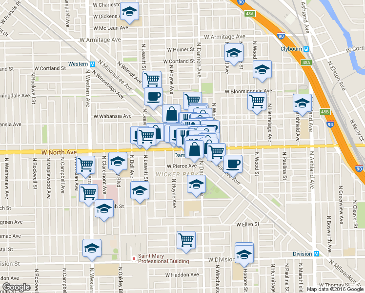 map of restaurants, bars, coffee shops, grocery stores, and more near 1563 North Hoyne Avenue in Chicago