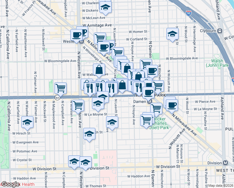 map of restaurants, bars, coffee shops, grocery stores, and more near 1548 North Leavitt Street in Chicago