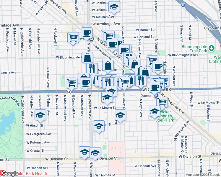 map of restaurants, bars, coffee shops, grocery stores, and more near 2243 West North Avenue in Chicago