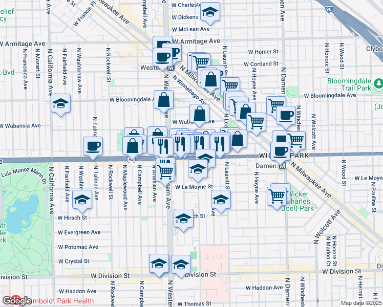 map of restaurants, bars, coffee shops, grocery stores, and more near 2313 Illinois 64 in Chicago