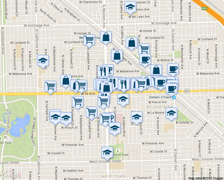 map of restaurants, bars, coffee shops, grocery stores, and more near 1547 North Western Avenue in Chicago
