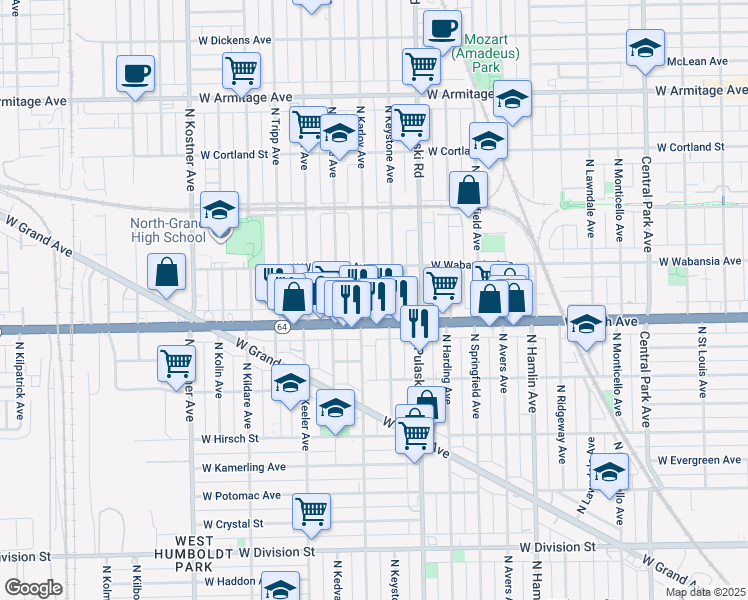 map of restaurants, bars, coffee shops, grocery stores, and more near 4100 Illinois 64 in Chicago