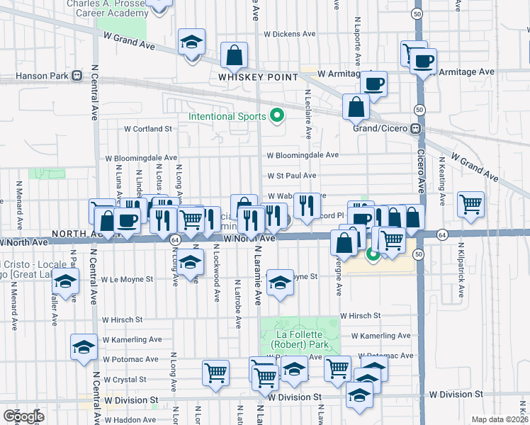 map of restaurants, bars, coffee shops, grocery stores, and more near in Chicago