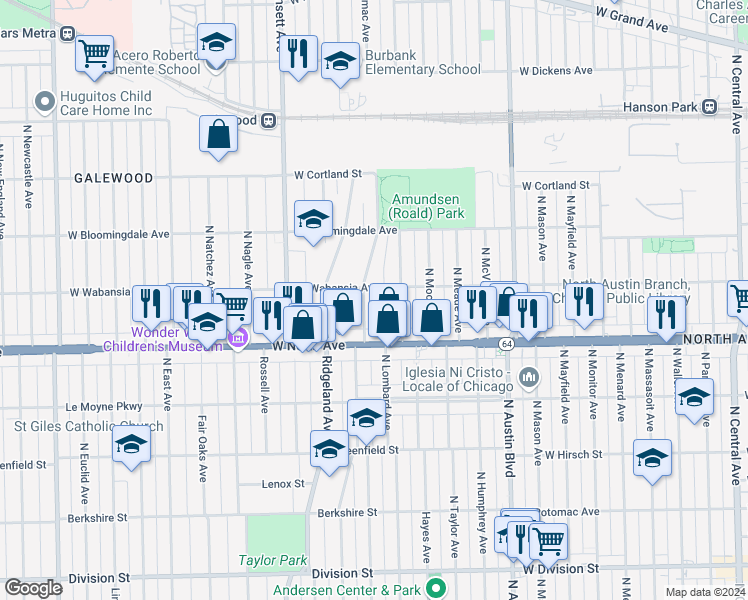 map of restaurants, bars, coffee shops, grocery stores, and more near 1625 North Merrimac Avenue in Chicago