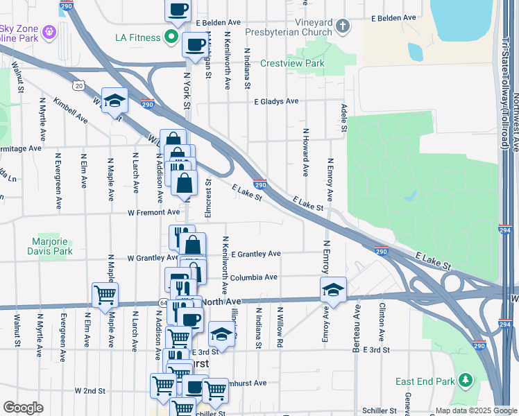 map of restaurants, bars, coffee shops, grocery stores, and more near 169 East Fremont Avenue in Elmhurst