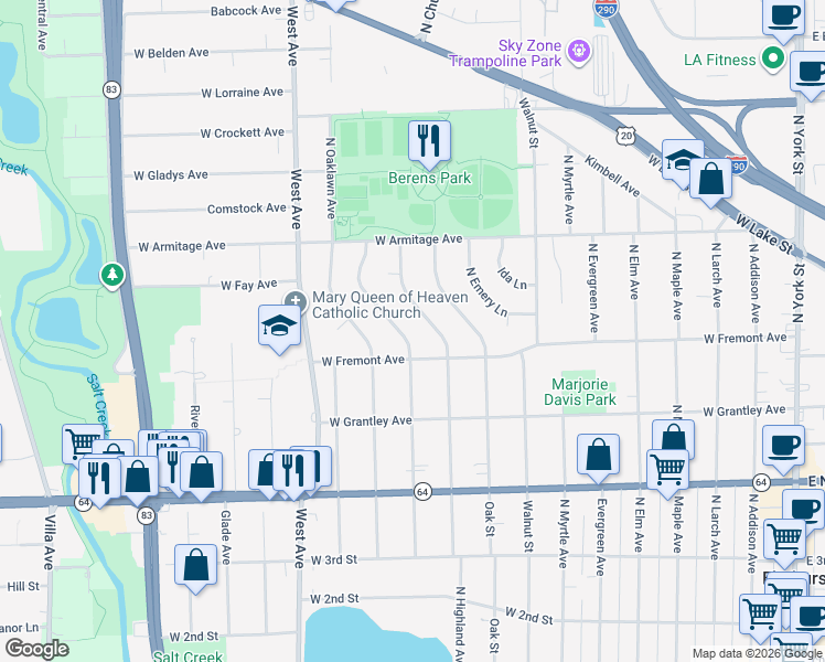 map of restaurants, bars, coffee shops, grocery stores, and more near 431 West Fremont Avenue in Elmhurst
