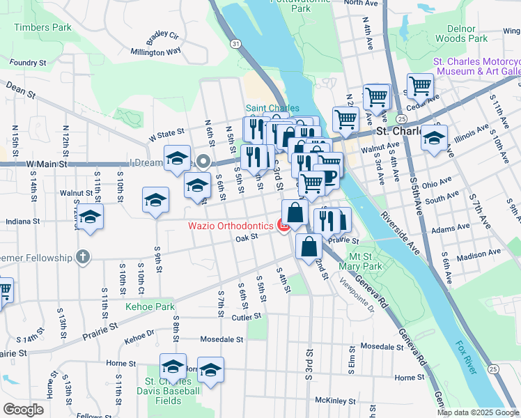map of restaurants, bars, coffee shops, grocery stores, and more near 304 South 4th Street in St. Charles