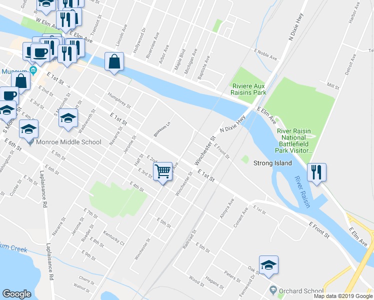 map of restaurants, bars, coffee shops, grocery stores, and more near 824 Franklin Street in Monroe