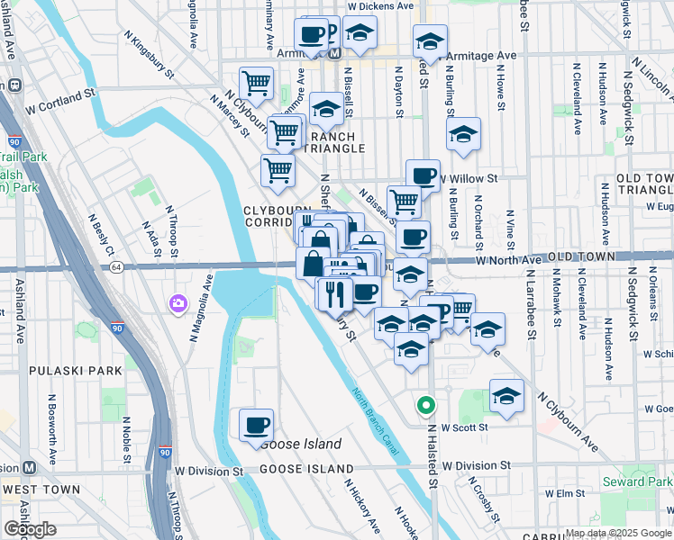 map of restaurants, bars, coffee shops, grocery stores, and more near 1551 North Sheffield Avenue in Chicago