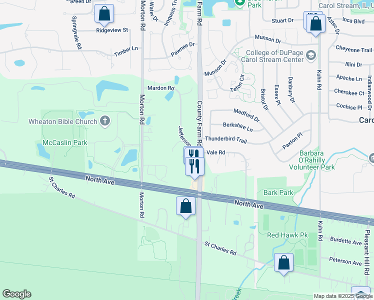 map of restaurants, bars, coffee shops, grocery stores, and more near 2N540 Jefferson Street in West Chicago