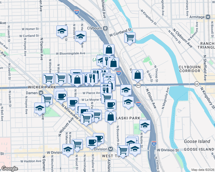 map of restaurants, bars, coffee shops, grocery stores, and more near West North Avenue & North Ashland Avenue in Chicago