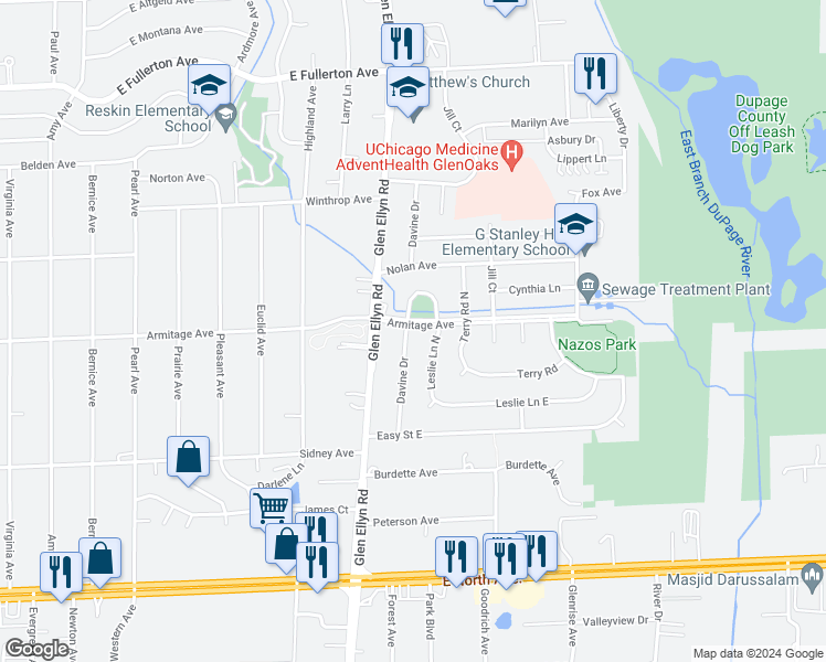 map of restaurants, bars, coffee shops, grocery stores, and more near 1397 Davine Drive in Glendale Heights