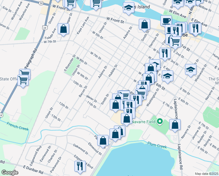 map of restaurants, bars, coffee shops, grocery stores, and more near 829 Smith Street in Monroe