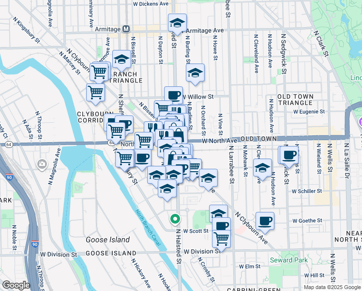 map of restaurants, bars, coffee shops, grocery stores, and more near in Chicago