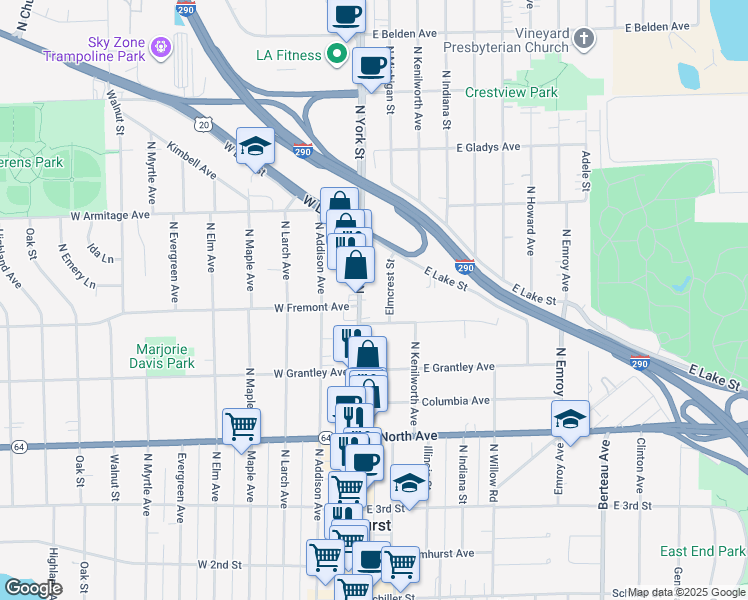 map of restaurants, bars, coffee shops, grocery stores, and more near 415 North York Street in Elmhurst