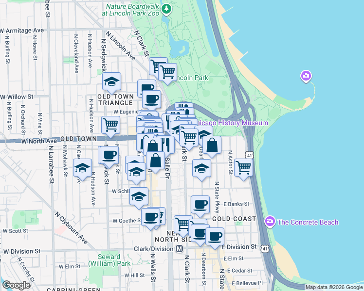 map of restaurants, bars, coffee shops, grocery stores, and more near 1540 North Clark Street in Chicago