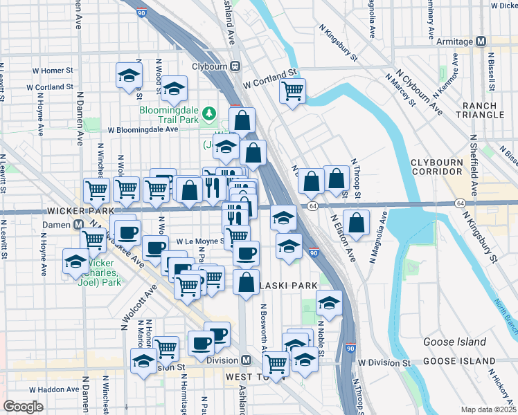 map of restaurants, bars, coffee shops, grocery stores, and more near 1541 North Bosworth Avenue in Chicago