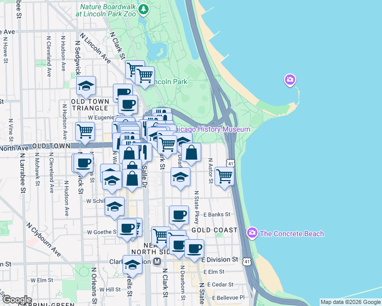 map of restaurants, bars, coffee shops, grocery stores, and more near 1517 North Dearborn Street in Chicago