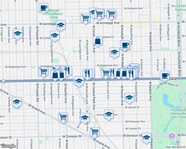map of restaurants, bars, coffee shops, grocery stores, and more near in Chicago